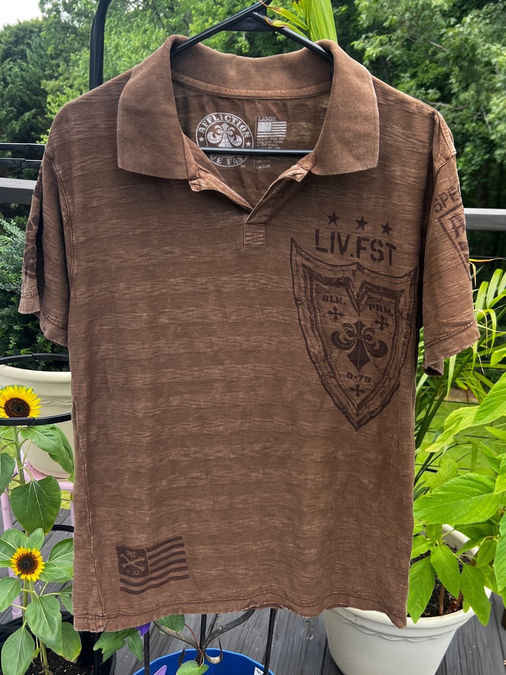 Affliction Brown Polo Shirt Men’s Large Eagle Graphic Distressed Y2K